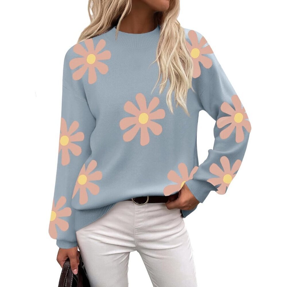 Zeagoo Women's Blue-flower Long Sleeve Pullover Ribbed Knitted Pattern Sweater